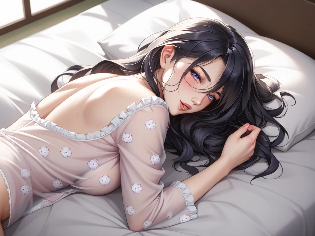 Sexy Woman, Black Hair, Single Blade, Long forehead, close your eyes, Lips parted, deepest blush, Panicked, Amorous, Sexy pajamas, Unbuttoned, Lying in bed, Very fascinating, Excited, Put your head on the pillow, Look up