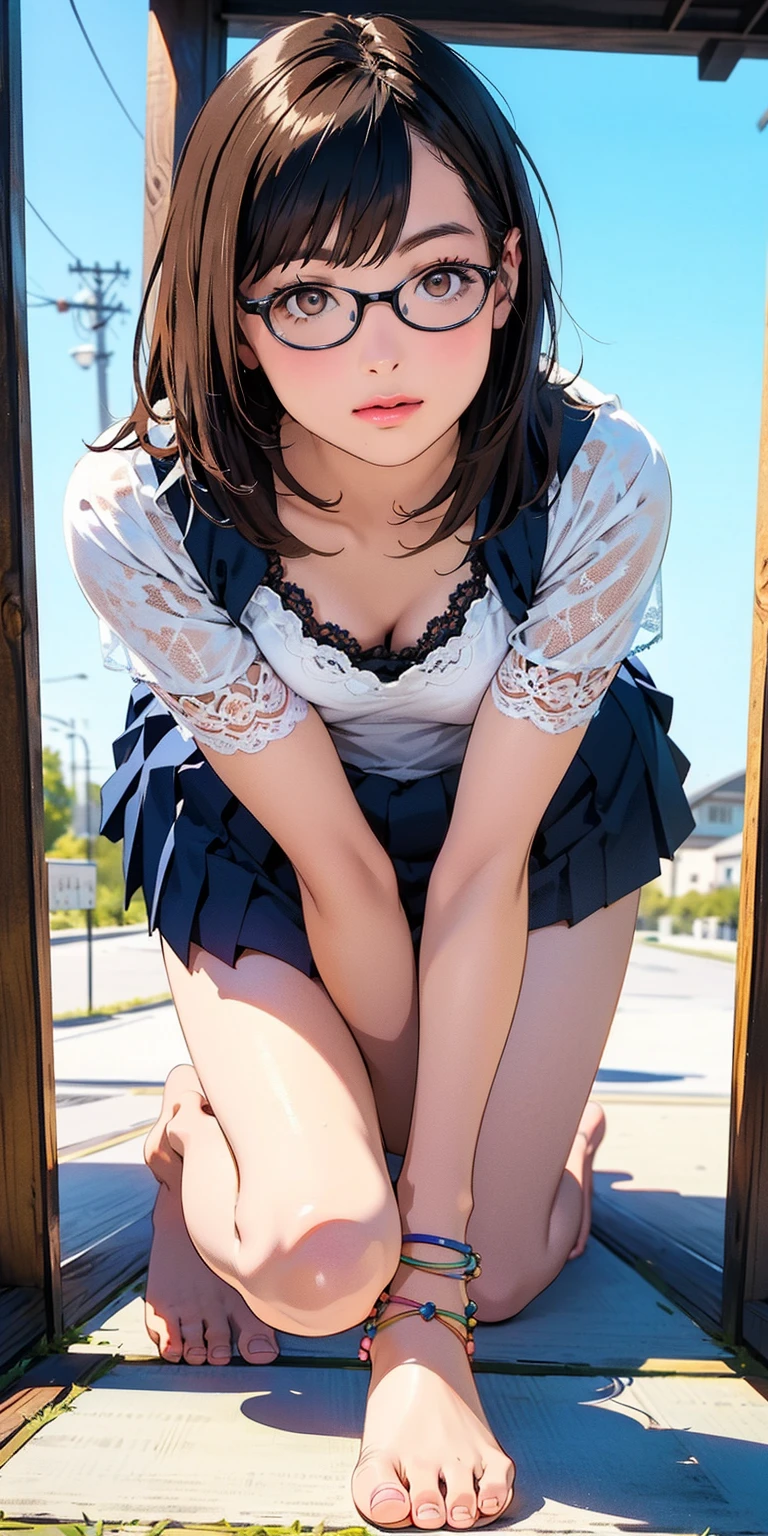 ((Peeking up a skirt)), ((Random lace panties)), ((Strong winds)), ((Wind lift skirt)), (Shocked facial expression):1.7, Highly detailed skin, masterpiece:1.4, Photorealistic, RAW Photos, 8K resolution, Ultra HD, Perfect Style, Symmetrical eyes, Close to the audience, (Anatomically correct), ((Medium chest、Thick thighs)), ((street)), (Cowboy Shot:1.5), (Better Hands):1.7, (Show your hand):1.5、(Shirt lift:1.5、Nipples)