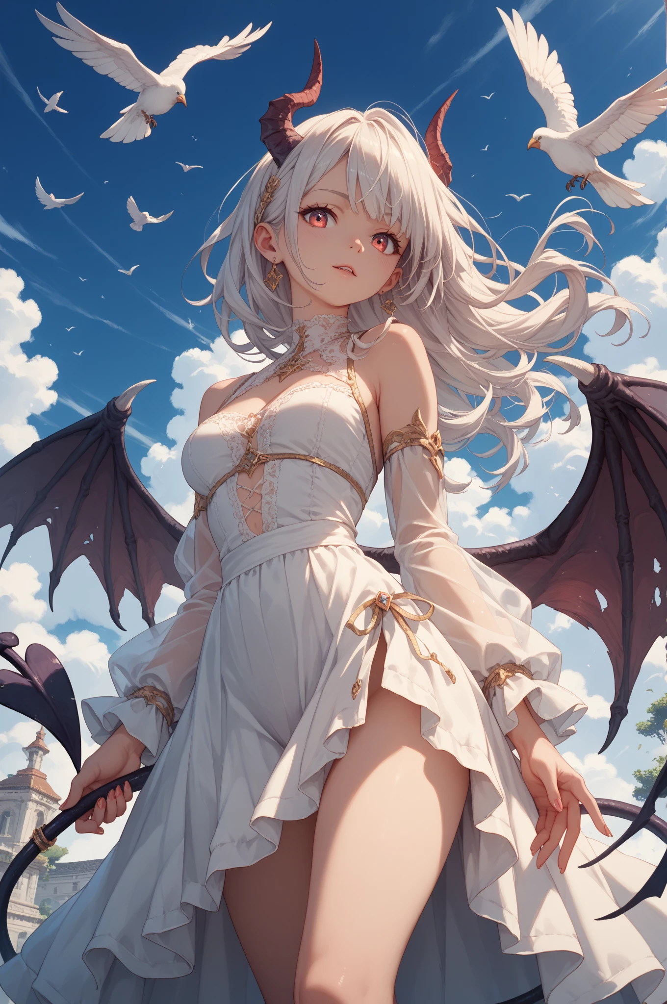 ((best quality)), ((masterpiece)), (detailed), alluring succubus, ethereal beauty, perched on a cloud, (fantasy illustration:1.3), enchanting gaze, captivating pose, delicate wings, otherworldly charm, mystical sky, (Luis Royo:1.2), (Yoshitaka Amano:1.1), moonlit night, soft colors, (detailed cloudscape:1.3), (high-resolution:1.2)