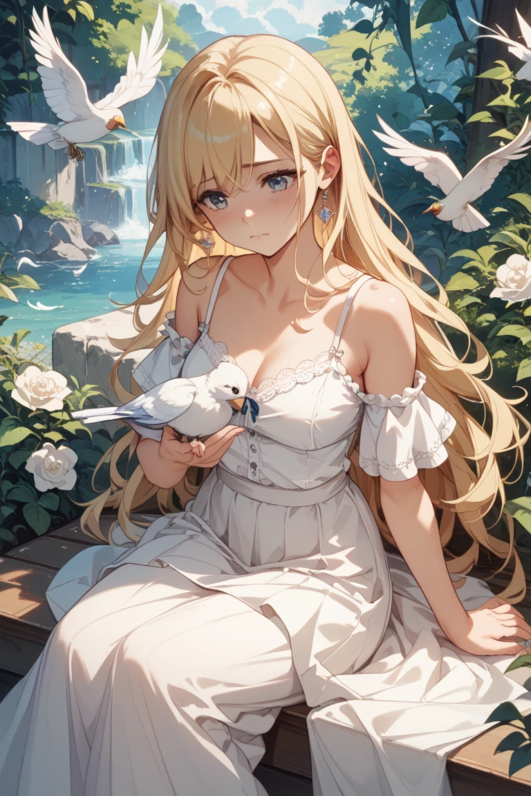 Anime girl sitting on rock in white dress with bird, guwiz, beautiful anime girl, guwiz in pixiv art station, guwiz style artwork, beautiful seductive anime woman, art station guwiz on pixiv, beautiful anime woman, anime goddess, cute anime waifu in beautiful clothes, seductive anime girl, from girl front, big breasts