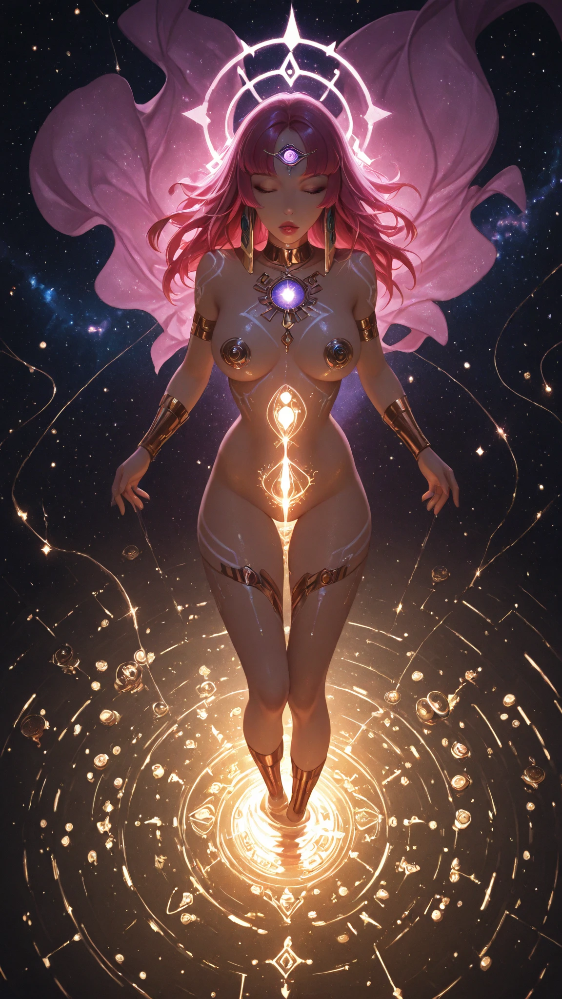sex, woman, deep colours, breast press, nude, [sun|moon], holo, big breasts, anatomy, nebula, unification, android, glowing long hair, expressive color, explosion of light, mind bending rays of gas,