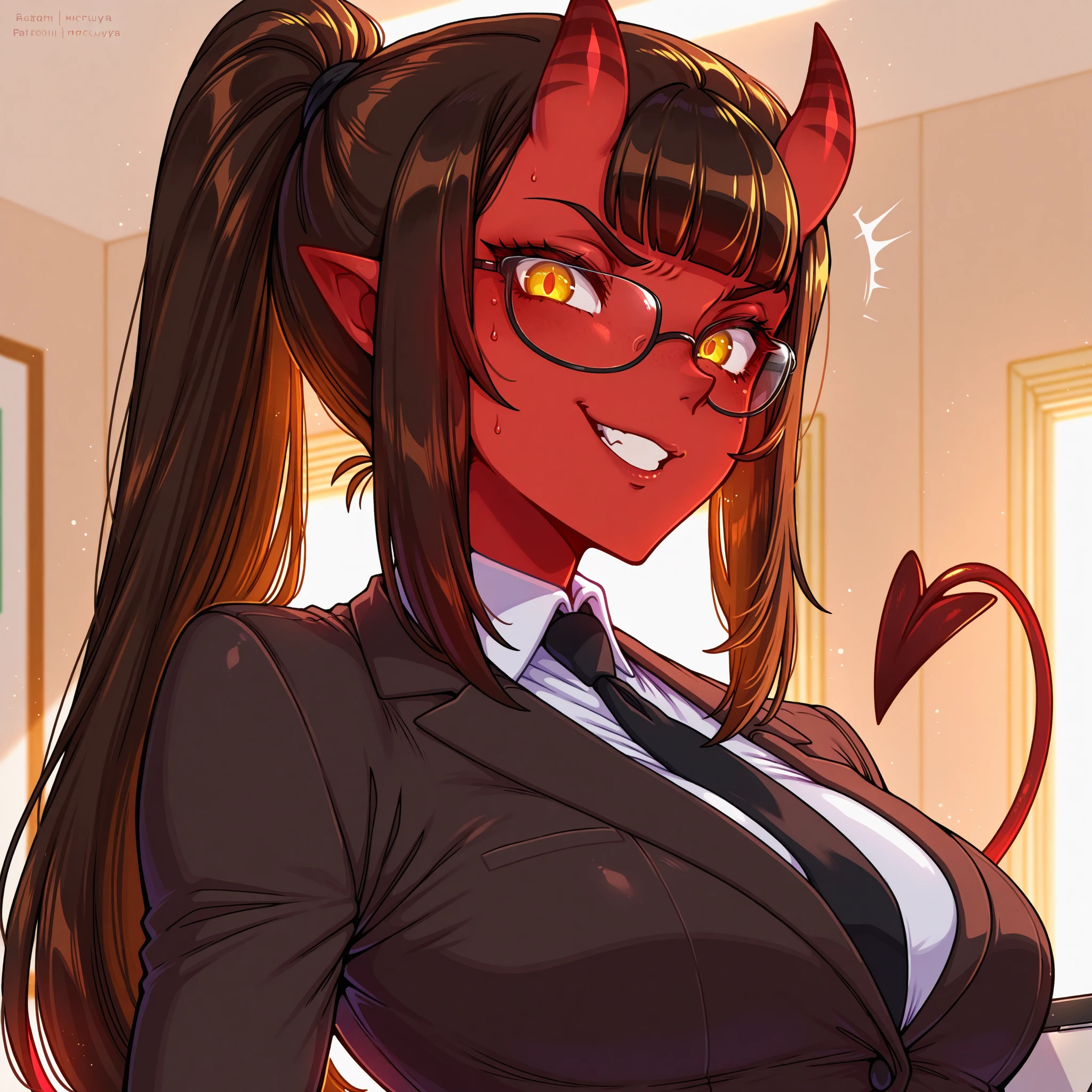 score_9, score_8_up, score_7_up, 1girl, asuraEro, red oni, colored skin, pointy ears, oni horns, broken horn, orange eyes, slit pupils, eyebrow cut, short hair, gradient hair, hair between eyes, short twintails, demon tail, medium breasts, toned, black nails, 
collarbone, dress shirt, pencil skirt, cleavage, tight shirt, black pantyhose,
looking at viewer, smug, toned, sitting, crossed legs, sitting on table,
indoors, office, window, cityscape, side view,
<lora:Asura-dirtyero-PDXL_V1-Manityro-CAME:1.0>,