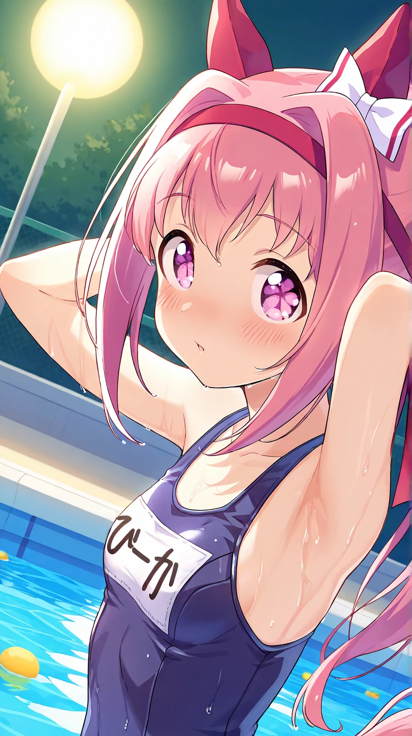 best quality, insanely detailed, nino nakano, breasts, blush, bedroom background, looking at viewer, pussy, smile, school one-piece swimsuit, cheerful eye, Gymnastics leg spread