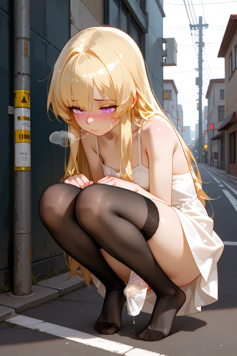 Highly detailed, High Quality, masterpiece, hutaodef, ((small breasts)), eager pet pose, alley, spread legs, blonde very long hair, no pantsu, very red areola