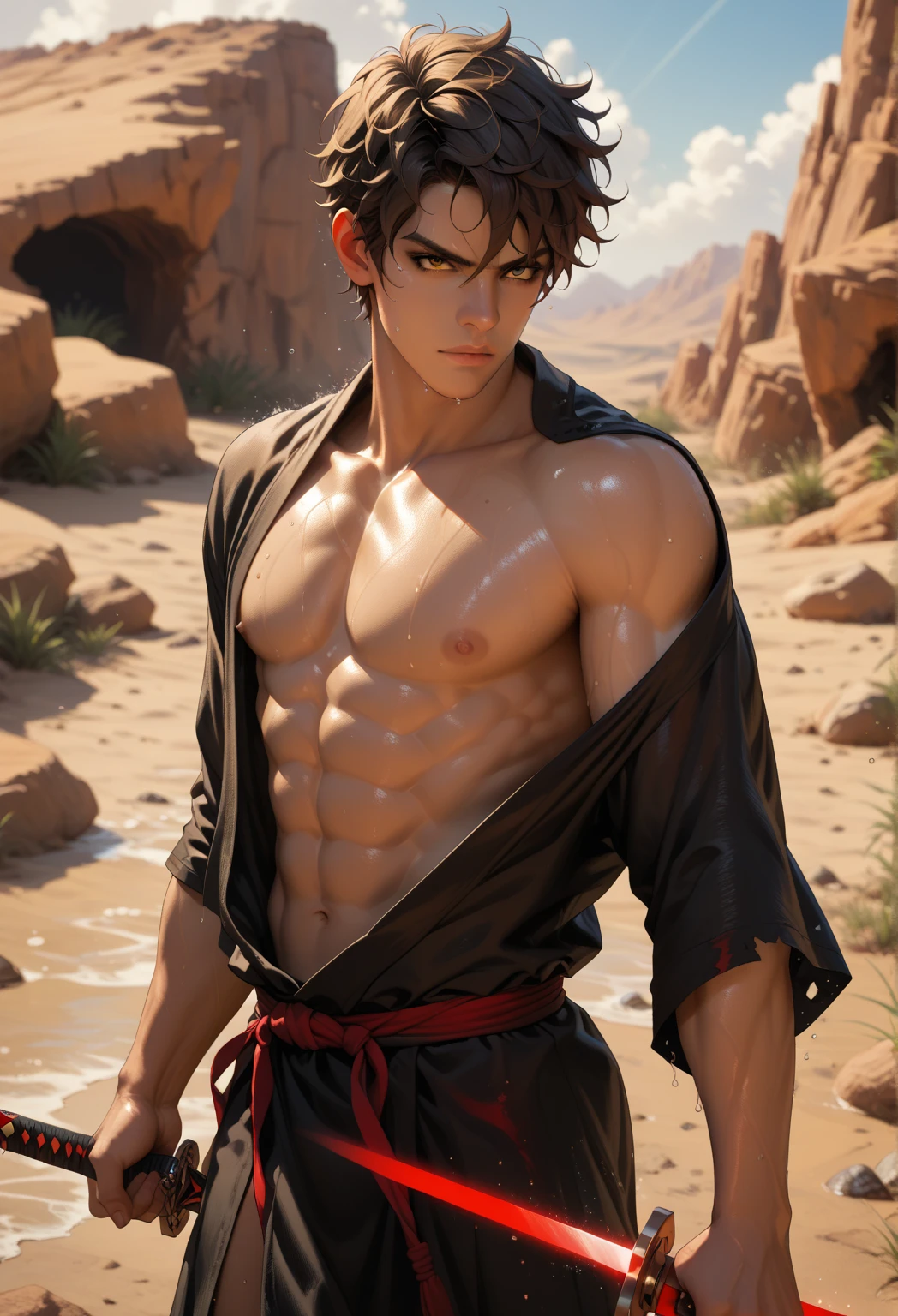 A boy from My Hero Academia with freckles, hooks and piercings, with medium length dark hair with bluish green undertones, pale skin and golden eyes, slim and toned build with small waist , with ua