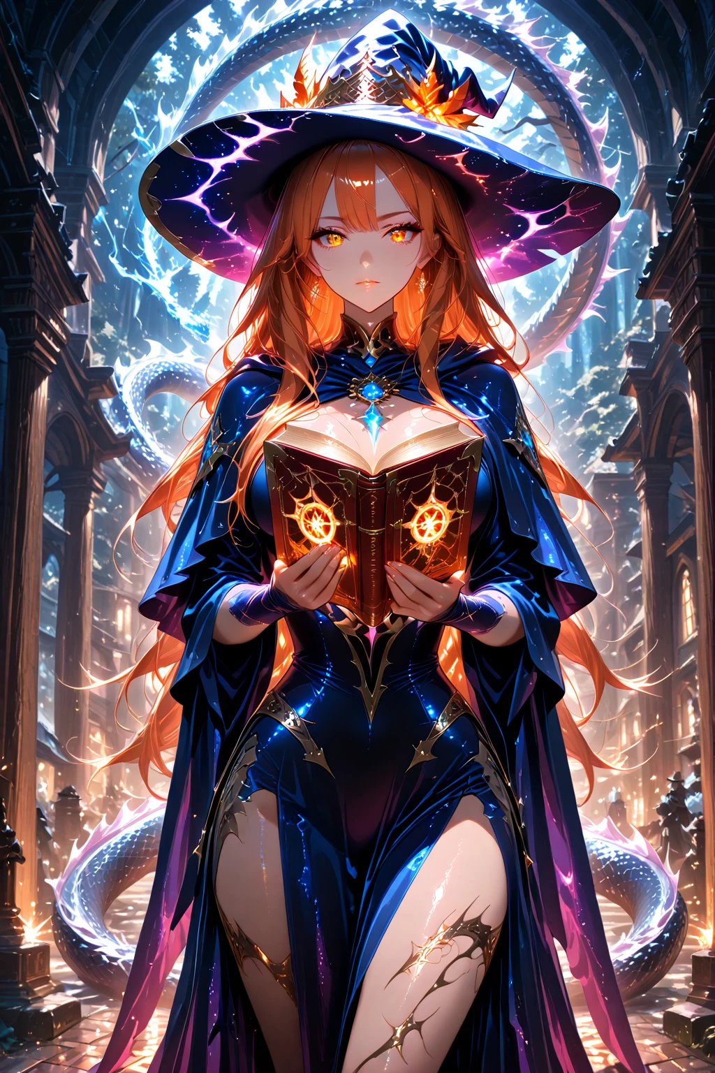 cool beauty witch, shining sparking copper-plated witch costume and big hat, transparent Western-style forbidden book held by chains containing a dragon, masterpiece, best quality, amazing quality, hyper-detailed, newest, very aesthetic