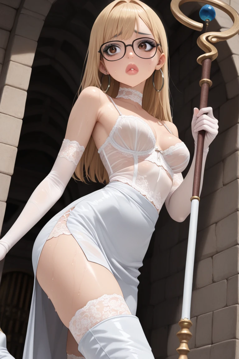 A lesbian vampire sword master, dressed in a colorful translucent and sheer billowing dress, and wielding a master crafted katana, dances and displays her skills, set in a courtyard with bamboo dummy