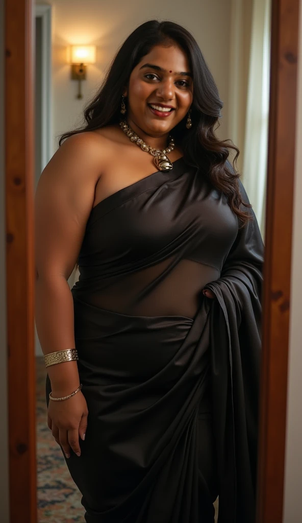 A 35-year-old Indian woman named Savita Bhabhi 35 year old, ((demon)), lurks in the dark old room, black magic, old era, ((seductive pose)),its realistic features twisted into an evil grin as it surveys its surroundings. Its full body is clad in an Indian black sexy saree that only adds to its menacing aura, with a blurred background and a bokeh effect to emphasize the serene environment,(((masterpiece))), high quality, realist, best detailed, details, realist skin, skin detailed, very big breasts, underboobs, meadows background , bokeh effect , nipple slip , put milk in breast,off shoulder, strapless blouse, slightly chubby hip, ((full body)), ((tight blouse))