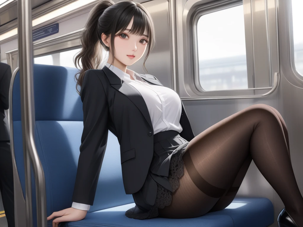 Nipple to nipple,Squeeze the breasts:1.5,bare breasts,Pantyhose torn:1.5,ID card,spread legs,wet，Manual work,1 boy,split,golden bob,office,Monitor Shirt,black jacket,open first button,pencil skirt,job interview kit,upskirt,It seems,Sweat,ahegao:1.5,High heel,