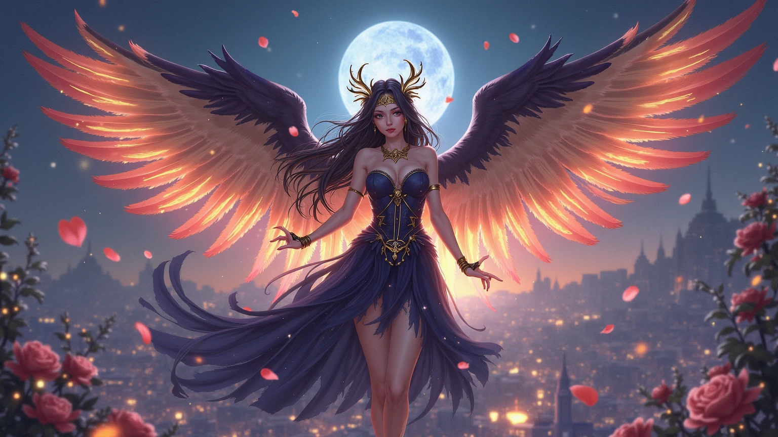 a woman with angel wings, in a black dress, sitting on a ledge, sitting against the background of yellow and blue lights, rain, soft colors, bokeh ((masterpiece, best quality)), high detail, detailed face, blood particles, whole body