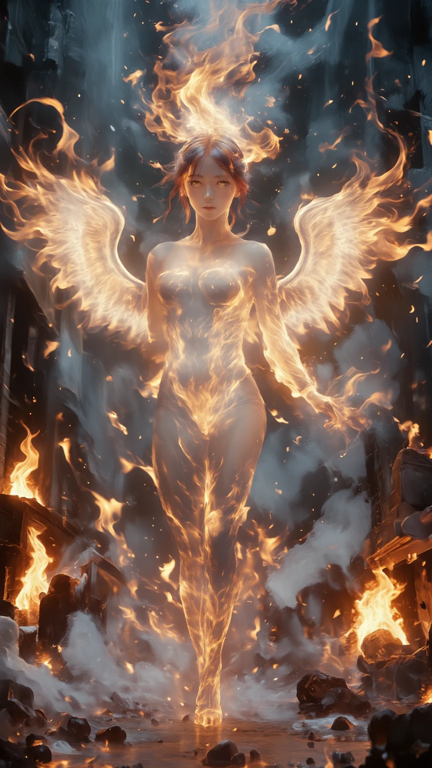(((8k RAW photo, hyper realistic, masterpiece, best quality, crisp detail, high definition, high detail, very rich detail, sharp focus, sharp detail, colorful, rich color, cinematic, perfect studio lightning, full body photograph, mystic atmosphere, shot from front))), ((fully naked young colorful fire goddes, fully nude, smooth body, ideal body, naughty smile)), (temptating pose, temptating viewer, (flying on the burning sky, burning everything), showing pussy to viewer, big breast, (showing (pussy, vagina, genital, nipples))), ((scorching fire hair)), holding really big long fire sword, ((fire devil wings, fire devil tail)), ((very long sharp claws)), (hundreds of ( skull, bone) on land), (fire element, burning people),