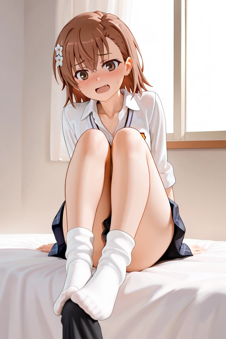 master masterpiece, The Highest Quality, misaka_mikoto, BROWN EYES, watch the viewer, solo、、, short_haired、, closed_mouthed, lapel_shirt、、, olhando_Inserting a into the_Viewer, school_uniform, Camisa, blanc、_shirt、、, small_Boobs、, Classrooms　beautiful feet　suou　Pushed down　Wet body　shyness