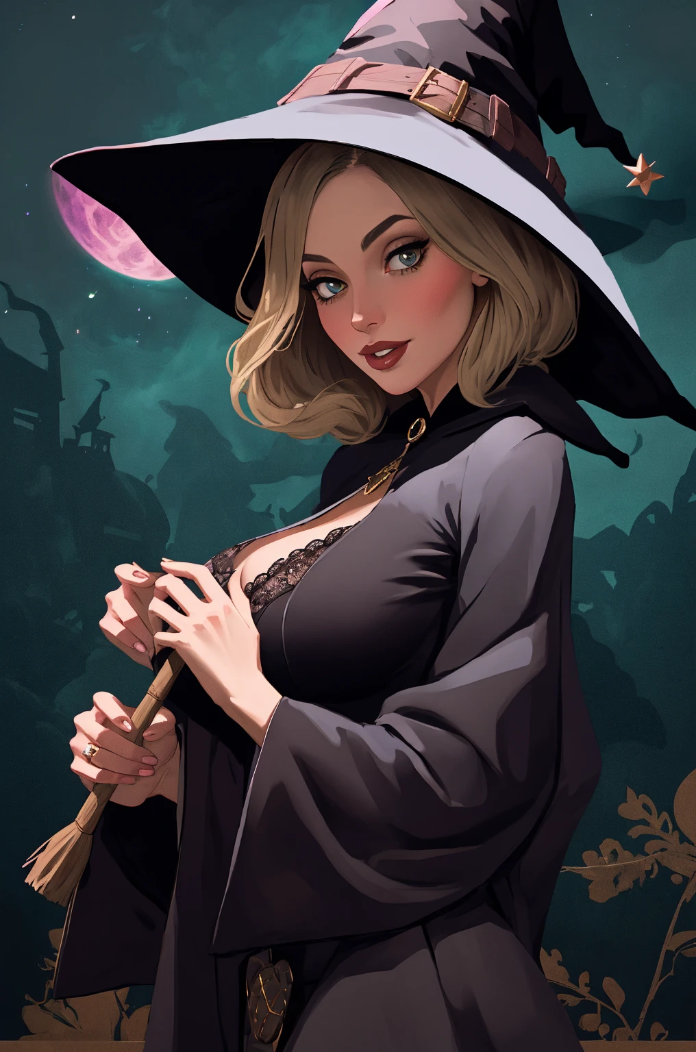 (masterpiece, top quality, best quality, official art, beautiful and aesthetic:1.2), (1girl:1.3), long and curly dark brown hair, ((extravagant updo)), Victorian style, extremely detailed, portrait, looking at viewer, solo, (full body:0.6), detailed background, close up, mischievous eyes, (cold midnight castle theme:1.1), extremely busty witch, huge lips, charlatan, smirk, mysterious, being seductive by a cottage in the forest, witch hat, broom, revealing gothic witch dress, lace, extremely tight bodice, black attire, black skirts, long sleeves, loose sleeves, black leather, cloak, corset, black dress, fishnets, thigh high black boots, buckles, straps, pouches, glowing green magic energy, dark purple fabric, silver trim, black leather, gigantic breasts, cleavage, skindentation, slim waist, slim hips, long legs, medieval (forest cottage exterior:1.1) background, nighttime, dark mysterious lighting, shadows, magical atmosphere, dutch angle