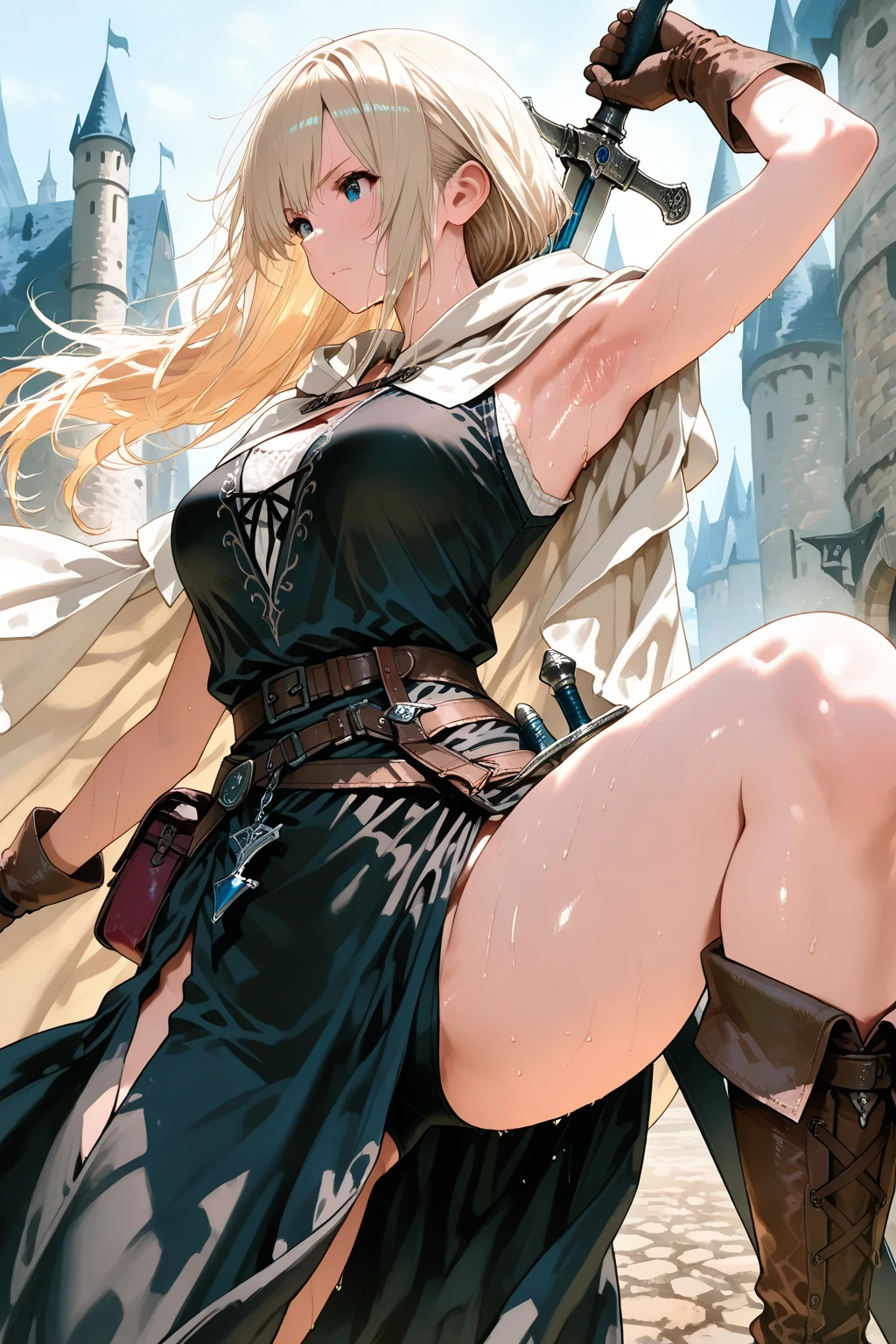 Ultra-high definition image quality、beautiful girl、Female Swordsman、Light Armor、Green Boots、Long Hair、blonde、20-year-old、have confidence々face、Very short tight skirt、Sexy stance、Cowgirl、wilderness、Highest quality,Big Ass、Big Breasts、Thighs、Grasping the hilt of the holy sword Excalibur、Black panties、Kick off with your feet and jump、Joan of Arc style clothing、Wind King Barrier、Her hair is fluttering in the wind、The Sword of Promised Victory、god々Wearing a bright aura、Big Ass、Valkyrie the War Maiden、Ass Super Close-up、Angle from directly below