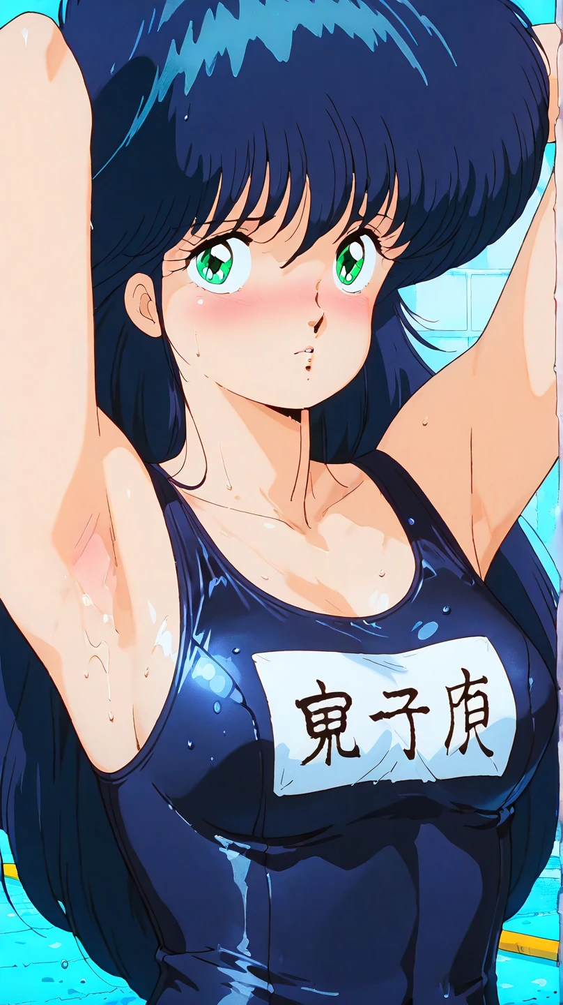 best quality, masterpiece,1girl, swimsuit, breasts, one-piece swimsuit, 1boy, black hair, highleg swimsuit, arms up, armpits, highleg, white background, ribbon, blush, hair ribbon, school swimsuit, simple background, bangs, blue eyes, blue one-piece swimsuit, hetero, solo focus, cowboy shot, large breasts, pink ribbon, twintails, sideboob, short hair, closed mouth, competition school swimsuit, collarbone, white shirt, dark skin, shirt, aqua eyes, dark-skinned male, looking at viewer, thighs