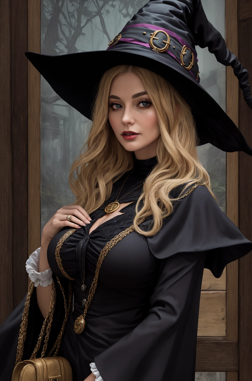 Sorceress woman standing, smooth fair skin big blue eyes plump lips small upturned nose shoulder-length blond hair slightly plump figure on the head a witch hat, short black dress, striped white and black tights and witch shoes
