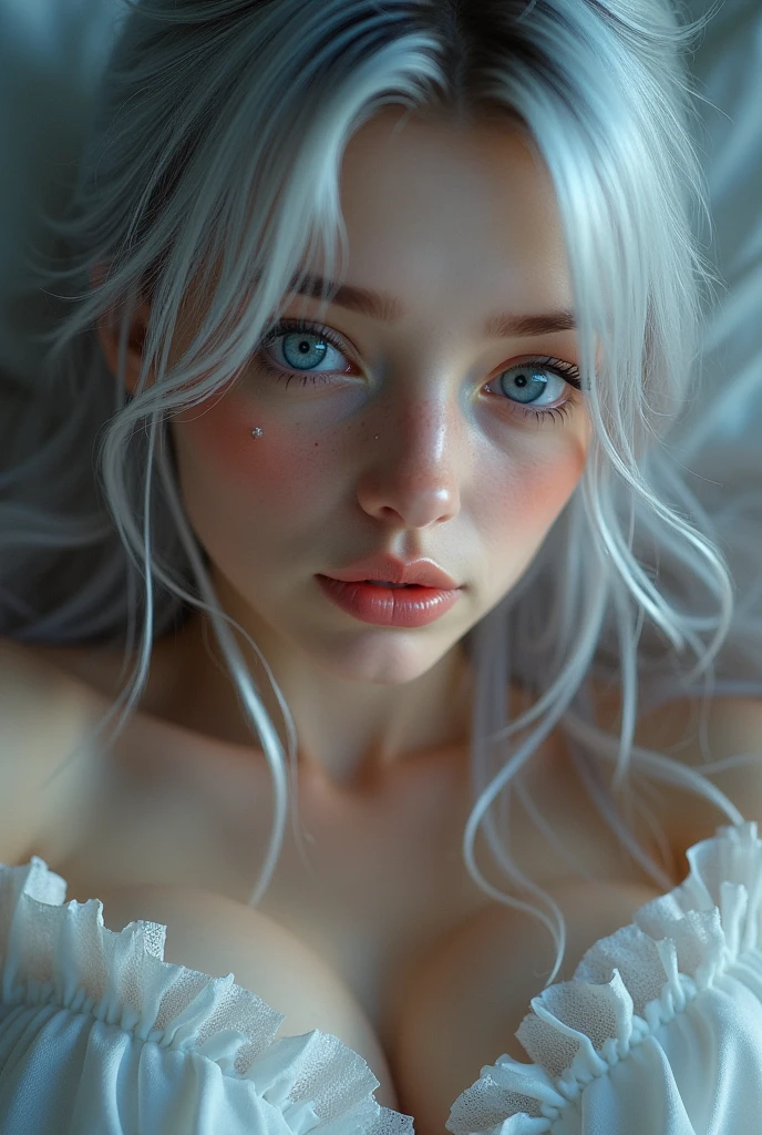 masterpiece, best quality, HuTaoV4, 1girl, solo, blush, rainbow twintails, white long hair,  hair between eyes, ((lingerie)), bedroom, night, extremely detailed 8K, smooth, high resolution, ultra quality, cinematic lighting, ambient occlusion, hd, 2k, 4k, 8k, 16k, extremely detailed anime, detailed faces, perfect composition, wide shot, atmospheric lighting, very sexy, uncensored, nsfw, sin censura, large breast, tan skin, lying on the bed, lying on the back,
