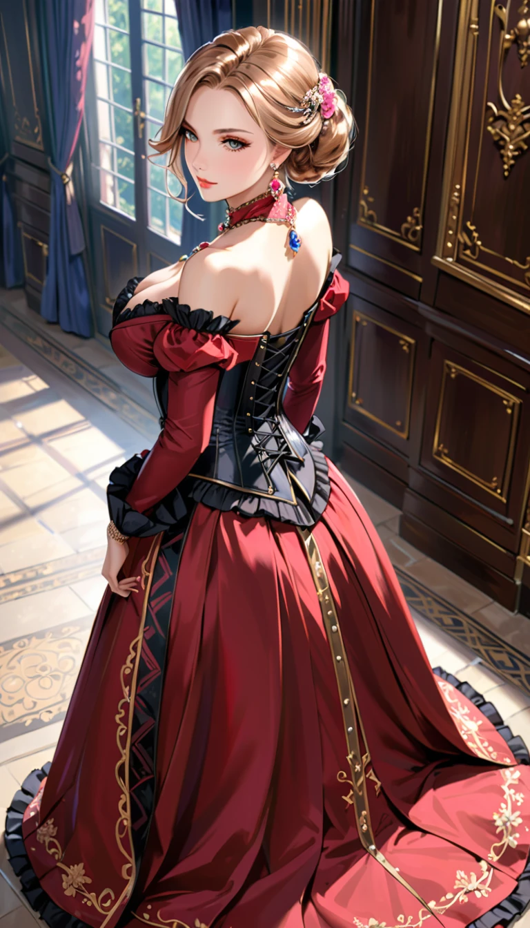 ((1girl, solo)), beautiful body, (perfect anatomy, perfect body, perfect hands, perfect legs), nice hands, natural proportions, sexy body, large breasts, standing, full body, own hands together BREAK 

((extremely detailed face)), (beautiful detailed eyes:1.6), (realistic pupils, realistic iris:1), expressive eyes, ((looking at viewer)), (clear eyes:1.3), (hyperrealistic:1.2), (detailed skin texture:1.2), smooth skin, red hair, long hair, (detailed lips:1.2), (attractive lips:1.1), (glossy lips:1.1), (smile), perfect face, perfect eyes, earrings BREAK

strapless dress, long dress, (tight waist:1.5), collarbone, bare shoulders, detached sleeves, long sleeves, wide sleeves BREAK

indoors, (checkered floor:1.2), (glass window:1.3), mid day, medieval BREAK

(masterpiece:1.5), anime-style, top quality, best quality, (beautiful and aesthetic:1.2), (ultra detail:1.5), Ultra-detailed depiction, Ultra-precise depiction, extremely detailed 8k illustration, high resolution, (highly detailed shading:1.2), (realistic lighting:1.4), perfect lighting, vibrant colors, dynamic tones, striking hues, 8k, absurd resolution, perfect shadows, hdr, UHD, ambient lighting, realistic, ultra-realistic, photo realistic, highly detailed, rich detail, luminous colors, fine texture, intricate design, professional illustration, (soft light:1.2), (illustration:0.7)