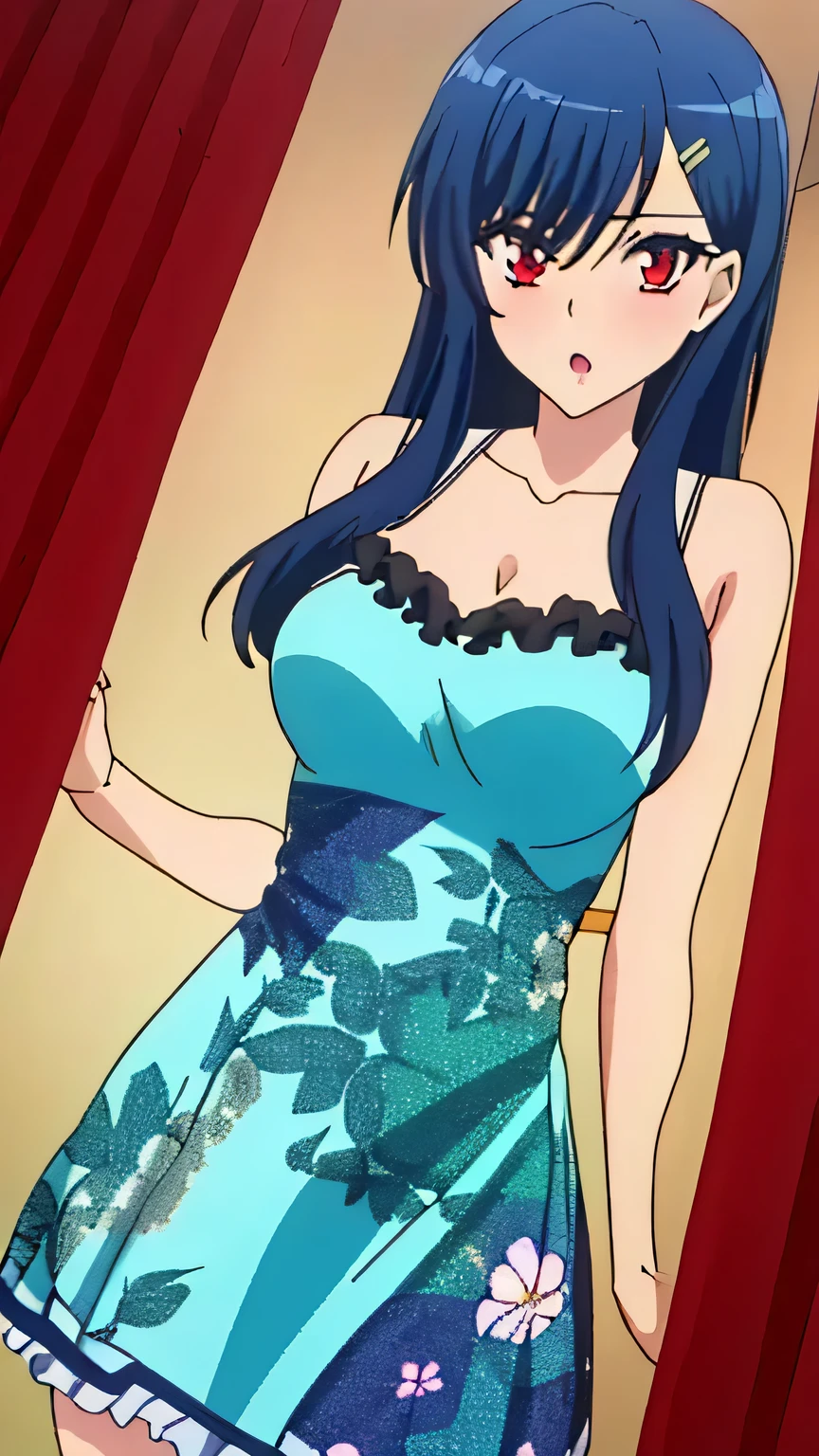 (Top quality, masterpiece, 8k), (Realistic skin texture), (anime coloring), very detailed, very detailed, beautiful eyes, perfect eyes, detailed eyes, feature large highlight, detailed face, ultra-detailed, detailed eyes, symmetrical eyes, (dynamic angle), sharp details, reiko, 1girl, solo, standard height, blue hair, long hair, hairclip, ahoge, red eyes, (slender), (slim), (medium breasts:1.2), (fitting room, curtain in front), (standing, (floral dress), frills, collarbone, thighs), (blush:0.8), (close mouth), (looking at the viewer), in the center of the image, (dutch angle:1.2), (cowboy shot:1.2),