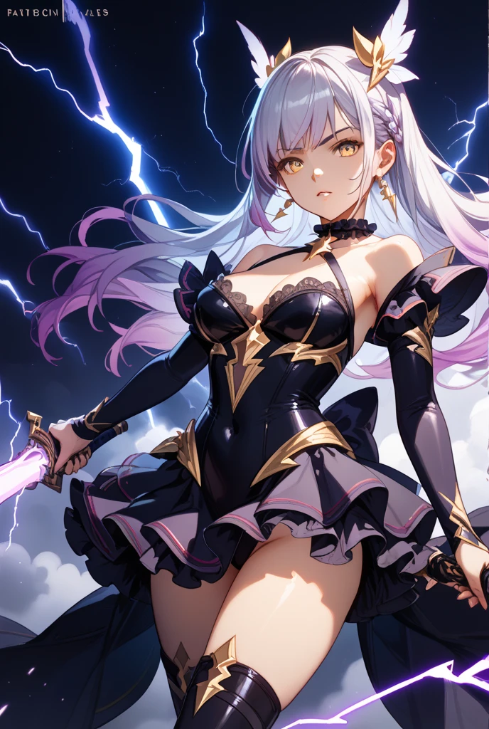 (8K, masutepiece, Highest Quality, Best Quality, Official art, Breathtaking beauty and aesthetics, A highly detailed, The best masterpiece in history that exceeds limits, Breathtaking and beautiful lighting:1.2), (1 Girl, solo), (sixteen years old), (beautiful detailed face), (shiny white skin), (Beautiful big bust, cleavage:1.2), (thighs), (beautiful detailed pink twin tails hair, bangs:1.3), BREAK, (Beautiful detailed Luxurious black drees, Beautiful detailed black See-through intricate, cute black ribbon, silver thread), (Beautiful Luxurious Diamonds Tiara), (happy smile:1.2), (Attractive, Look at the camera, cute pose), breathtaking scenery, BREAK, (ultra detailed realistic Beautiful purple lightning, night sky:1.2), (Beautiful detailed fantastic mysterious big scythe:1.2),