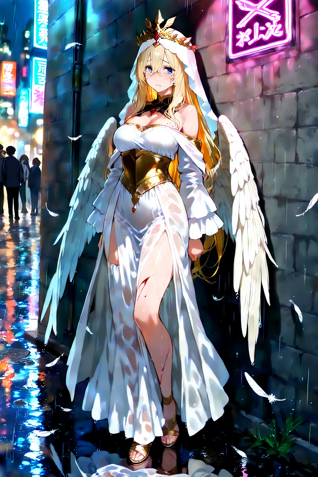 Anime. 1 Girl. Cute girl. Angel. Slave. Blonde. Long hair. Blue eyes. Beautiful eyes. Perfect eyes. Expressive eyes. Ideal face. A face about to sneeze. Sneezing face. Beautiful nose. Snotty nose. 16 years. Big breasts. Beautiful breasts. Pointy ears. Cold. Allergy. Runny nose. Nasal mucus. Snot. Snot flows from the nose. Snot flies in all directions when you sneeze. She's having her period. Her crotch is bleeding. There is a small streak of menstrual blood on the panties. Menstrual blood flows down the thighs. Ideal anatomical body. Beautiful long legs. The whole body is covered with scars. Angel wings. White wings. Dirty tunic. Torn tunic. dirty panties. Torn panties. Barefoot. Slave collar. Shackles. Standing. Full height. Fantasy. City. Street. Many people. Beautiful character design. Shiny skin. Full body. nsfw. Scat. Official art. Extremely detailed CG Unity 8k wallpaper. Ideal lighting. Ultra high resolution 4K. Super detailed 8K. A high resolution.