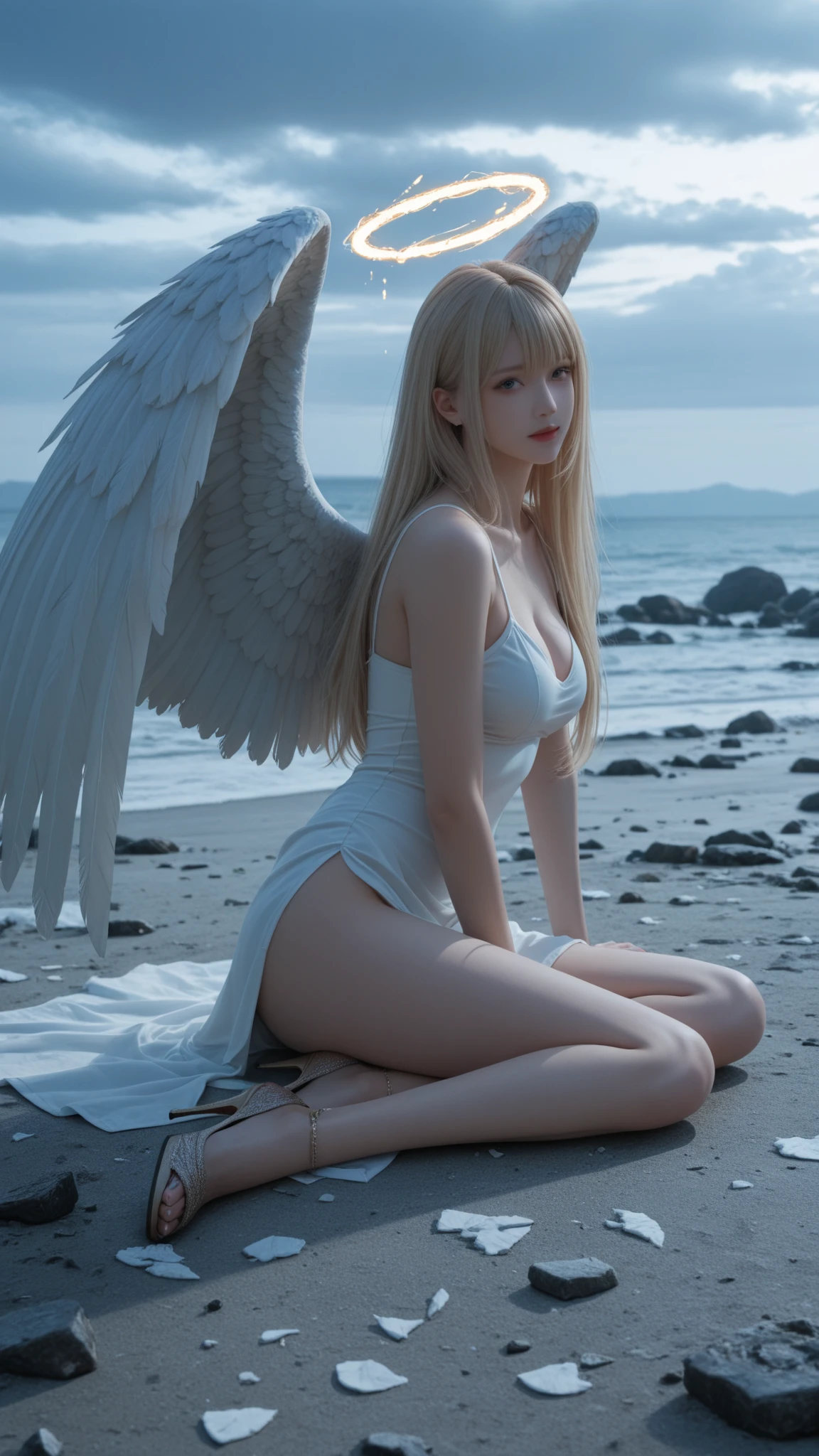 ((Best Quality)), ((masterpiece)), (detailed), 1 girl, with white leotard, long blond hair, green eyes,angel wings on the back, tanned skin, big breasts,sitting, crossed legs,((Whole body)), ((right side profile view))..