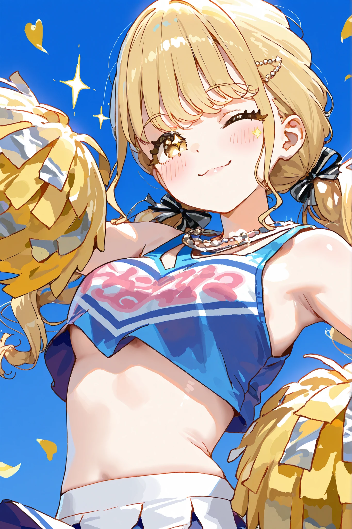 1 girl　Fujita Kotone　long eyelashes　Sparkling Blonde　Best Smile　wink　cheerleader costume　Petals Dance　The cutest in the world　blue sky background　Perfect Pose　High Definition　masterpiece