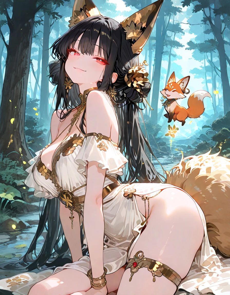 Fairy-like landscape, sacred nine-tailed black fox fairy, small head, majestic spirit, very visible hair, big tail, nine-tailed, nine-tailed, vista, very visible, Chinese art, clever lighting, hazy responsibility, Mohabak protecting the fox, stream, charming, immortal, fluffy, shiny mane, sideway full body, Wonderland, Studio Ghibli, Super wide Angle, 8k --auto --s2