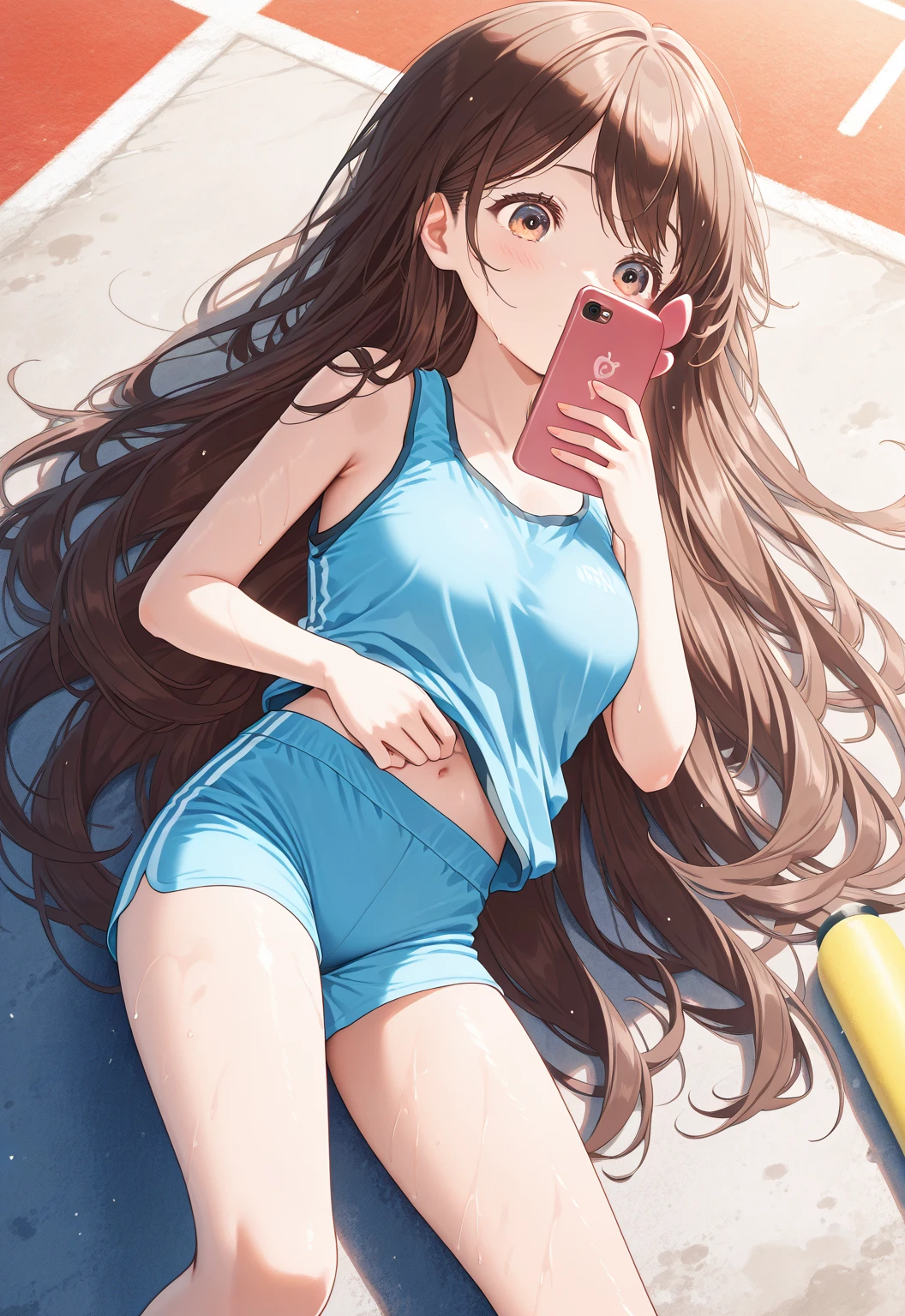 A beautiful woman with long, shoulder-length hair, big breasts, and beautiful legs is standing in the changing room in a red competitive swimsuit.。