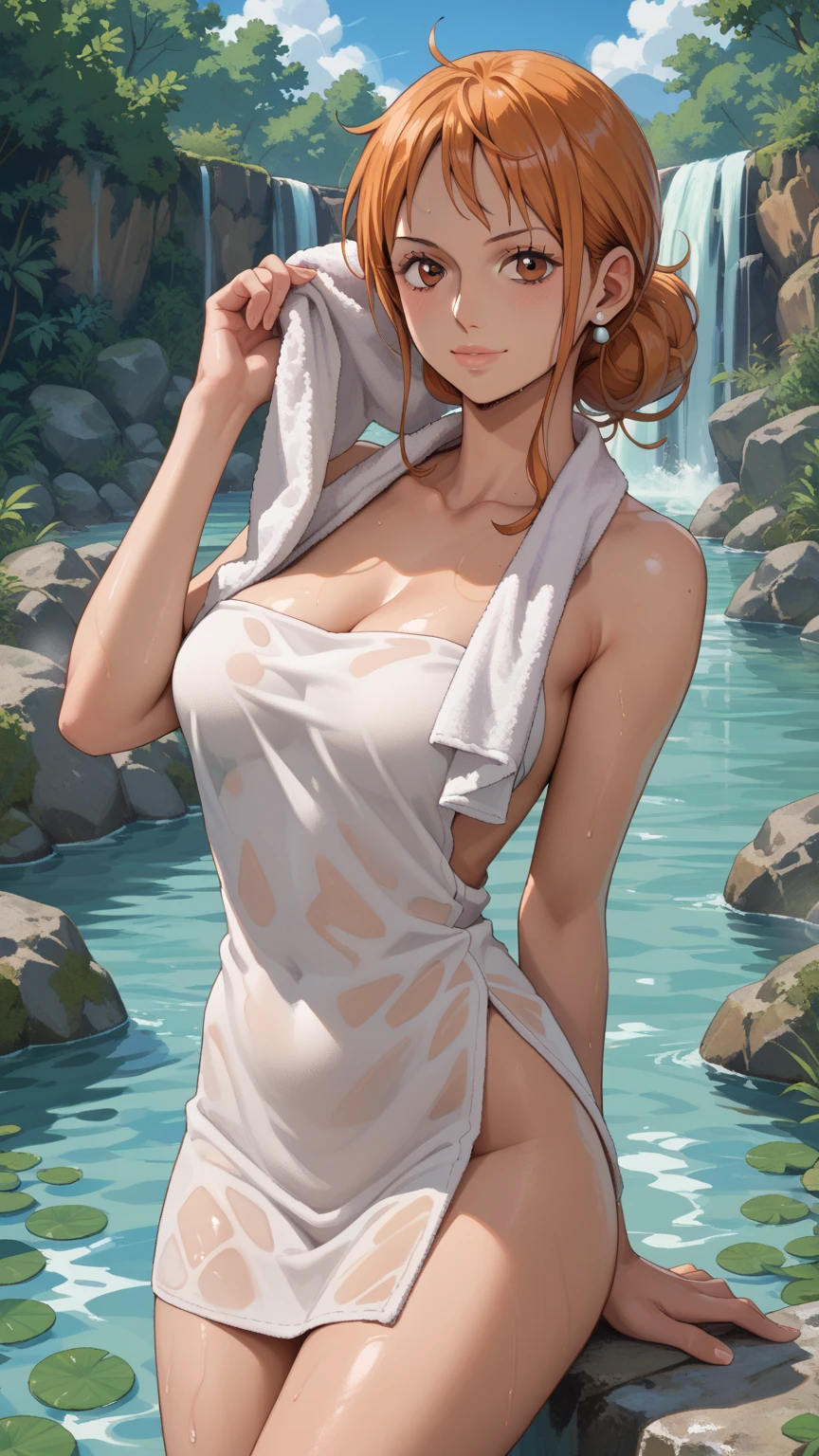 1girl, european girl, 18 years old, long light-brown hair, straight hair, curvy hair, a strand hair behind the ear, cute face, average breast, cute lingirie, lake in forest, lake, source_realictic, deatiling panting, brown eyes, detailing body, detailing face, embarrassment