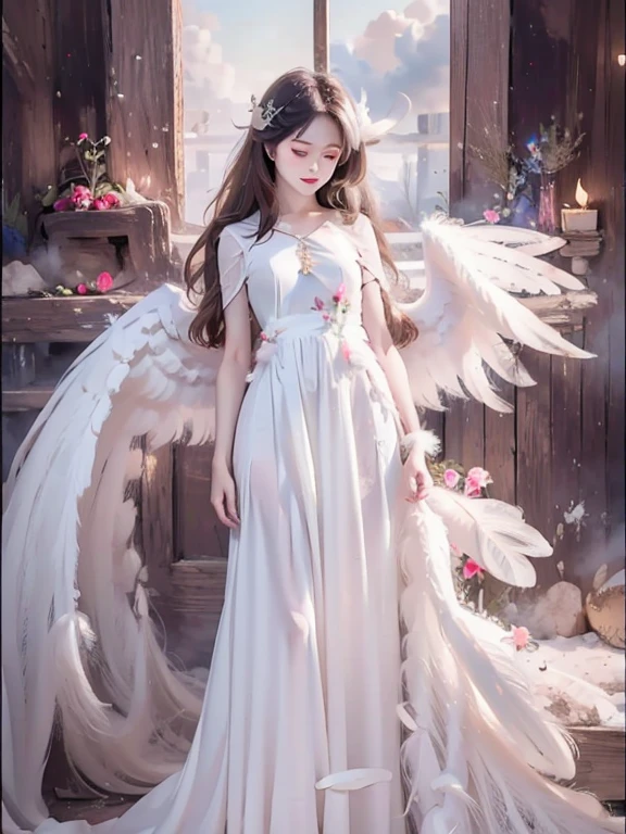 (Angel wings、😇、a smile、😌🥰Archaic Smile).hyper realstic、Ultra-realistic、Depiction of the human body without distortion、Monna Lisa、Woman in the Arms、Near and far law、Three-dimensional、Contemporary painting、moderno、world masterpiece、collection、Homage to the art or artist work of Picasso and Renoir, Not sentimental、Excellent portrayal、Gentle expression、More detailed character faces, Serious competition、Compositions like paintings、(Konmutsuki_Gacha_Series 1, punk_rosette), Realistic、Delicate brushwork、aqua color flowers, (Full body, elegant flowers background)