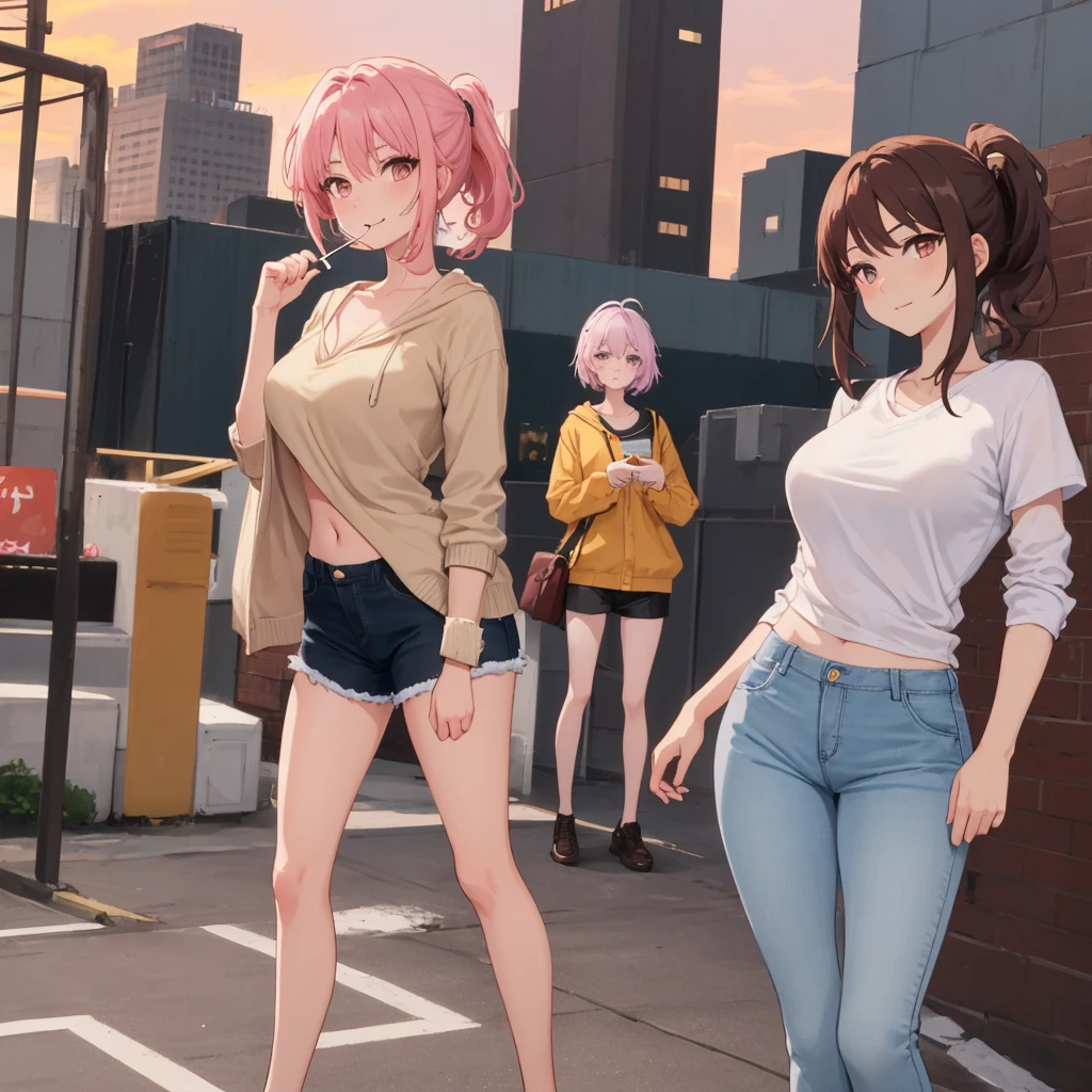 flat2D,1girl,evil,solo focus,navel,charaSF,schizobulia, short hair, brown hair, red eyes, collar, black jacket, off shoulder, fur trim, red sweater, ribbed sweater, turtleneck, shoulder cutout, long sleeves, black shorts, blush sticker,dog collar,black shoes),