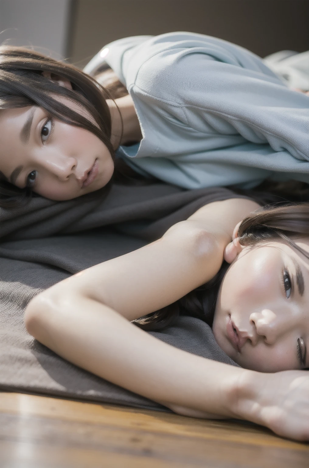 Pale teenage girl with silky black hair and bangs above her eyebrows, with small pink lips and a potato nose and light green eyes, taking a photo lying next to your black dog looking at the camera and good quality