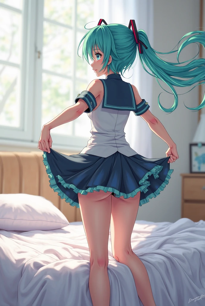 (R Solo:1.3)、(masterpiece)、(best quality)、(Super detailed)、(High chroma)、(CG illustration)、high contrast、Low - Angle、urusei yatsura、Ram-chan、blush、(delicate beautiful eyes)、delicate beautiful face、((messy hair))、(( Navy blue pleated skirt and sailor collar))、see-through shirt、white panty rack stockings)、((nipple)) 、best lighting、((turn around))、Put your hands against the wall and stick your butt out