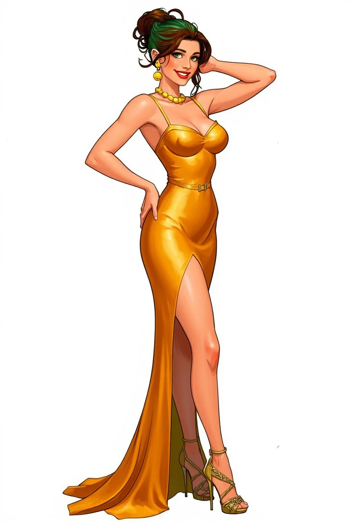 circle japan, physical build, a temporary mood, 40 year old intelligent woman, mature, brown long bob hair、slim face, Beautiful woman, lime yellow short dress: 1.1, stylish pumps, double eyelid, blurred background, fascinating face, office、(((sheer thin dress))), (((sexy body))), big tits, voluptuous body, hot girl