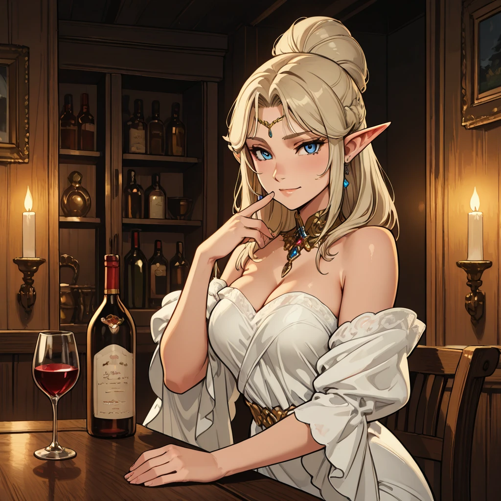 best quality, high resolution, large breasts, blush, smile, white hair, cowboy shot, Impa, in a temple, red eyes, cleavage, Breasts Focus