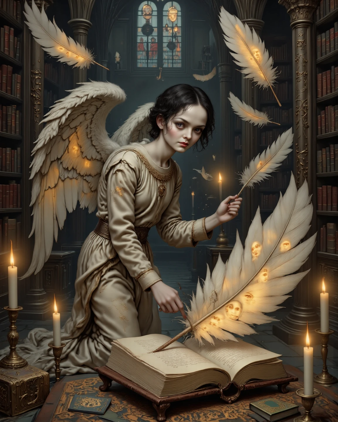 aravaggio painting; half-naked beautiful woman; in a dark gothic library; futuristic; with big robotic metal wings; the women is depressed and shows it with a lot of depression; with tubes connected to her body; realistic; with her in knees in the ground, doll limbs; she crying