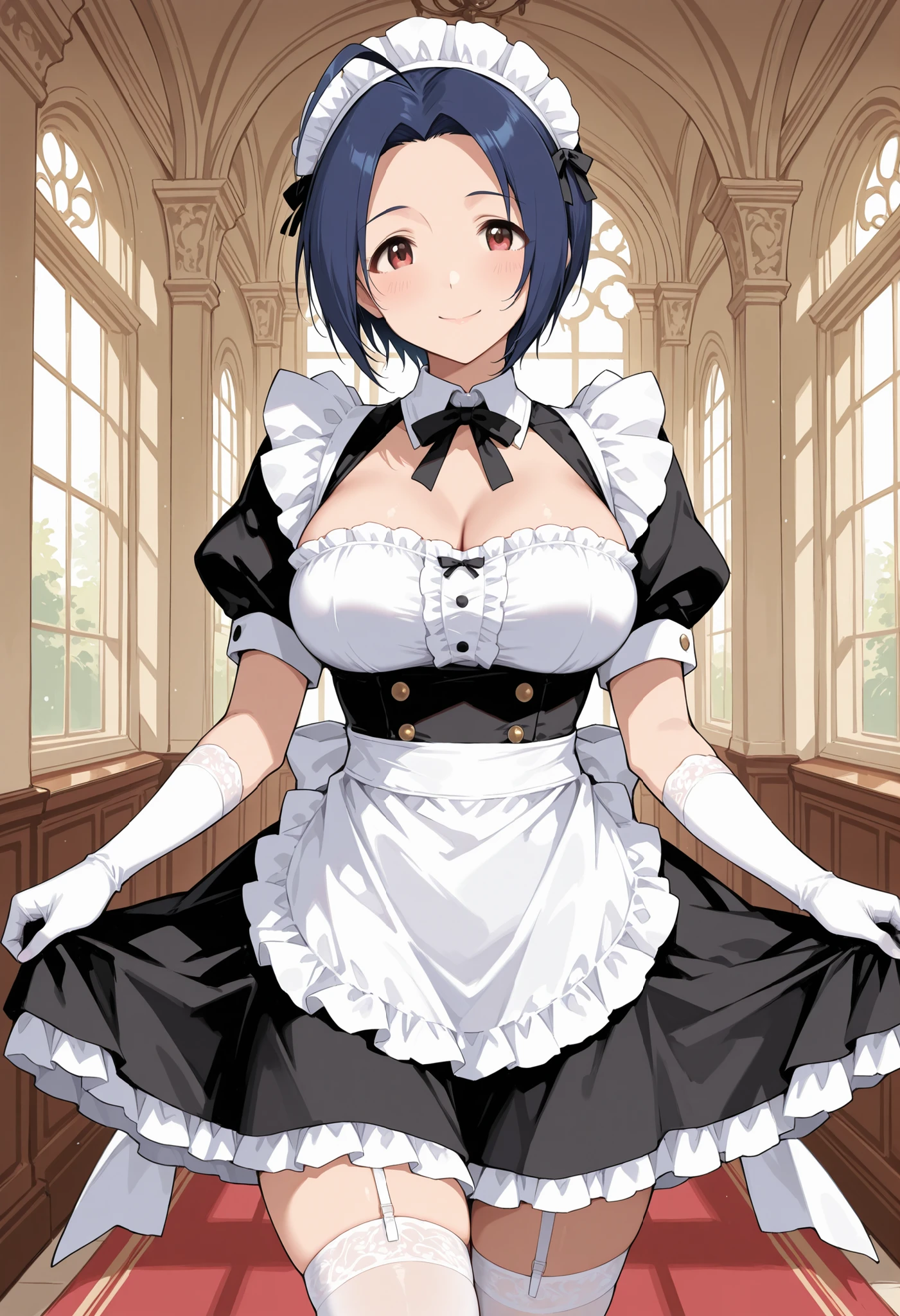best quality, masterpiece, highres, solo, {ulrich_von_hutten_azurlane:1.15}, horns, black_hair, yellow_eyes, short_hair, red_horns, multicolored_hair, breasts, piercing, bangs, hair_between_eyes, medium_breasts, mechanical_horns, white_hair, hair_over_one_eye, hair_ornament, 1girl, apron, black_skirt, cat_hair_ornament, detached_collar, frills, looking_at_viewer, maid_headdress, o-ring, official_alternate_costume, puffy_short_sleeves, puffy_sleeves, short_sleeves, simple_background, white_apron, x_hair_ornament, black_bra, bra, cleavage, eyes_visible_through_hair, frilled_apron, maid, nail_polish, o-ring_top, red_nails, underwear, waist_apron, white_background, detached_sleeves, skirt, two-tone_hair