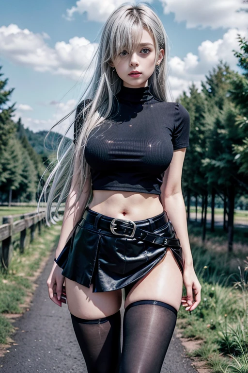 Full body, nsfw, 1 beautiful woman, Noelle Silva, pale white skin, purple eyes, very long white hair, perfect body, perfect abdomen (athletic), perfectly round butt, perfect large breasts, makeup, eye shadow, earrings, choker, bracelets, necklace, accessories, tight black top (low-cut ), micro plaid skirt (black and red), raised skirt, black high stockings, thick-heeled boots, lying down, sexy pose, top view, (masterpiece), (8K), (ray tracing), (effect of lighting)