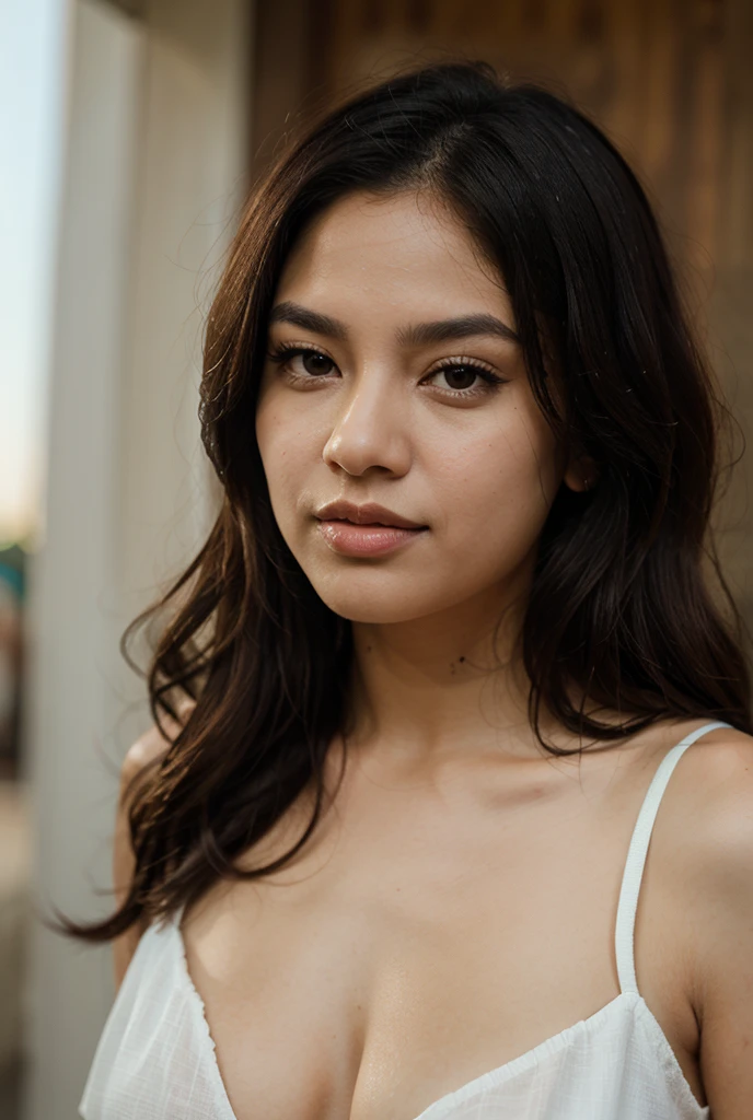 Create an image of a 25-year-old woman with a confused expression, black hair and fair skin. She telling a story and facing the camera