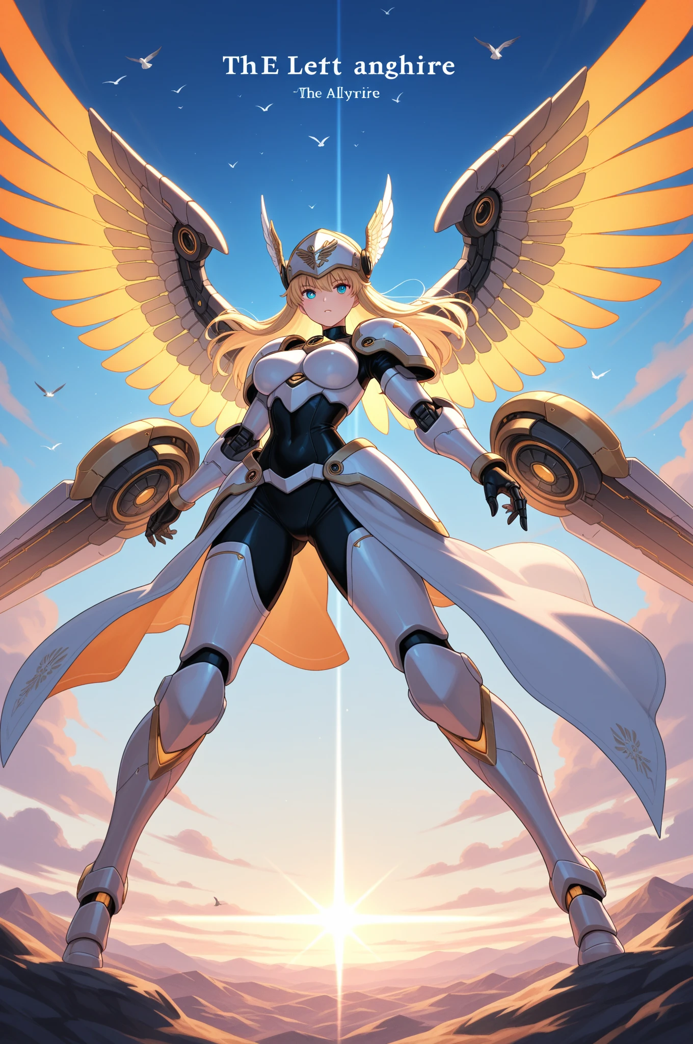 ((Best Quality)), ((masterpiece)), (detailed), 1 girl, with white leotard, long blond hair, green eyes,Angel wings, tanned skin,((Whole body)), ((right side profile view))