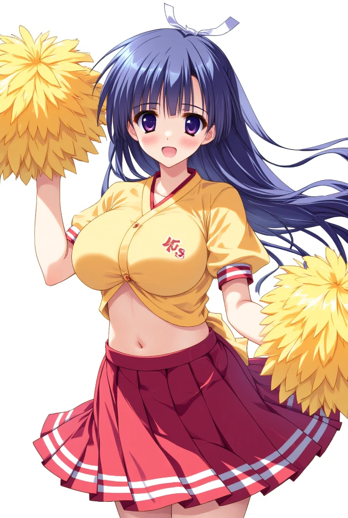 maternal smile, blushing, Pompones, uniform, crop top, midriff skirt, miniskirt, crop top overhang, clothes lift, large, sweat, thick thighs, (huge chest 1.5), cheerleader uniform, wet clothes, semi-transparent clothing, erect nipple under clothes, high ponytail, visible underwear, micro thong, (high thong), (standing on one leg), masterpiece, best quality,  Very detailed