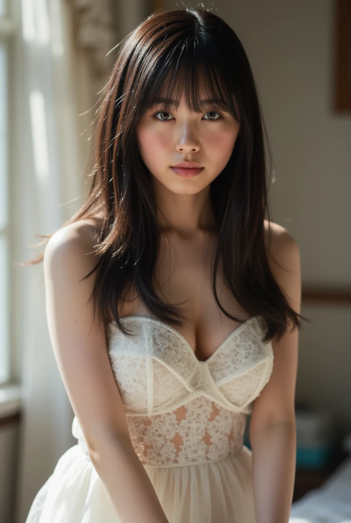 (8k:1.2), best quality, masterpiece, (ultra highres:1.2), beautiful detailed eyes, long eyelashes, double eyelid, high detail, detailed hairstyle, detailed face, hyper realistic, 1girl, solo, (pale skin:1.2), (18 years old), (medium breasts), sexy, small hips, slender, (medium breasts:1.2),
((lace) lingerie),
black hair, closed mouth, (smiling:0.8), (start from below: 1.3), black super shorts, s-shaped body, upturned buttocks,