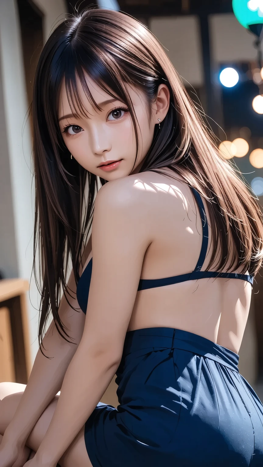 (8k, RAW photo, best quality, masterpiece:1.2), (realistic, photo-realistic:1.37), Natural, ultra high res, Super Detail, Ultra Detailed, Detailed Skin, Sharp Focus, bokeh, glossy texture, depth of field, shiny hair, shiny skin BREAK 1 girl, japanese, children, (18 yo:1.6), young, young girl, baby face, Smooth skin, Without Makeup, long hair, (blonde hair:1.2), black eyes, glowing eyes BREAK (downblouse:1.4),, (perfect anatomy:1.2) BREAK,small breasts BREAK,nsfw,all fours,over knee