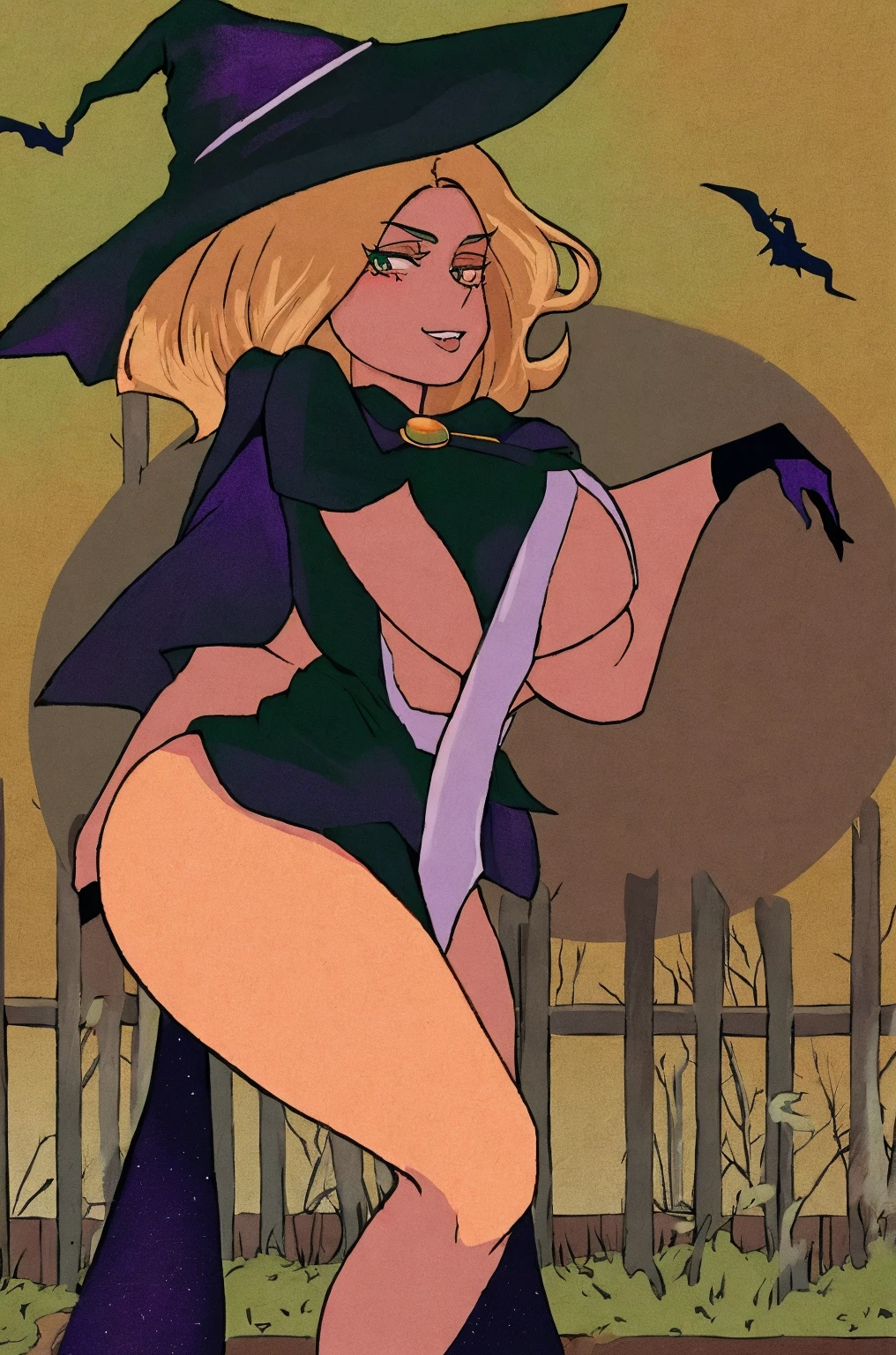 Woman, blonde hair, long length blonde hair, (Batman The Animated Series Art Style) naked, big breasts, thick body, pubic hair, full body, Standing, in a park at night time, Women, (Batman The Animated Series Art Style)