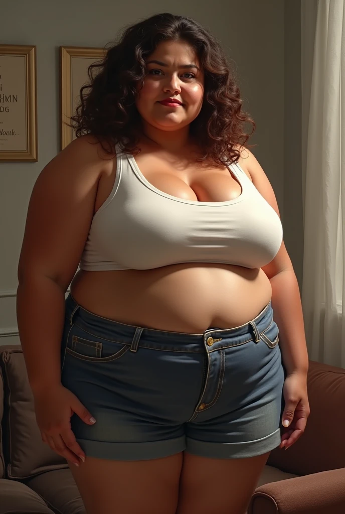 ((best quality)), ((masterpiece)), (detailed), perfect face, araffe woman in a long dark green shirt and 1/3 white denim skirt walking in black room , thicc, wavy short hair , she has a jiggly fat round belly, bbwchan, wearing tight simple clothes, skinny waist and thick hips, widest hips, her belly is fat and round, soft curvy shape, hyperrealistic full figure, wearing a cute top, wide hips, wearing 10 bracelet , wearing huge diamond necklace , fat cheeks