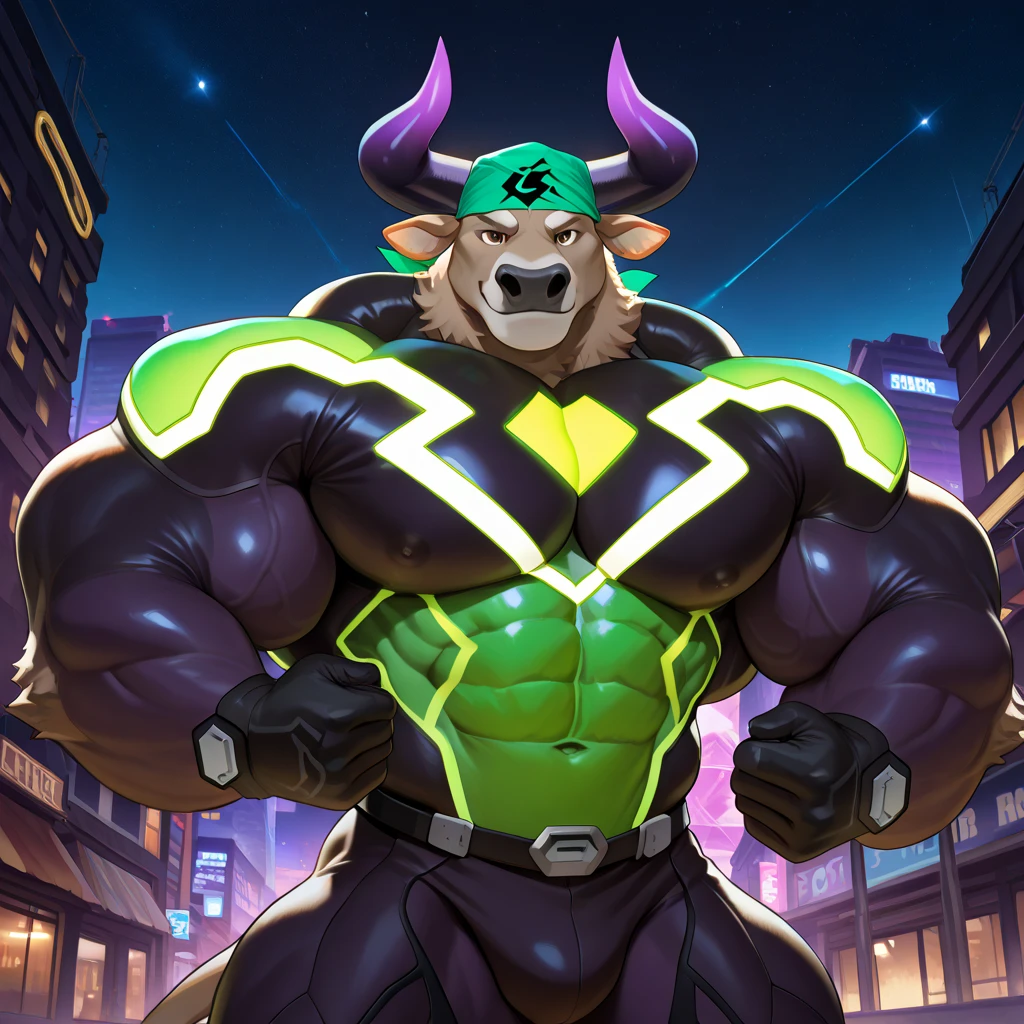 Protogen, (white fur with some green strands of fur) , city, happy, male, 8 foot 0, standing, looking at viewer, muscular, (big ass), front view, green glowing balls, cock, cum, macro