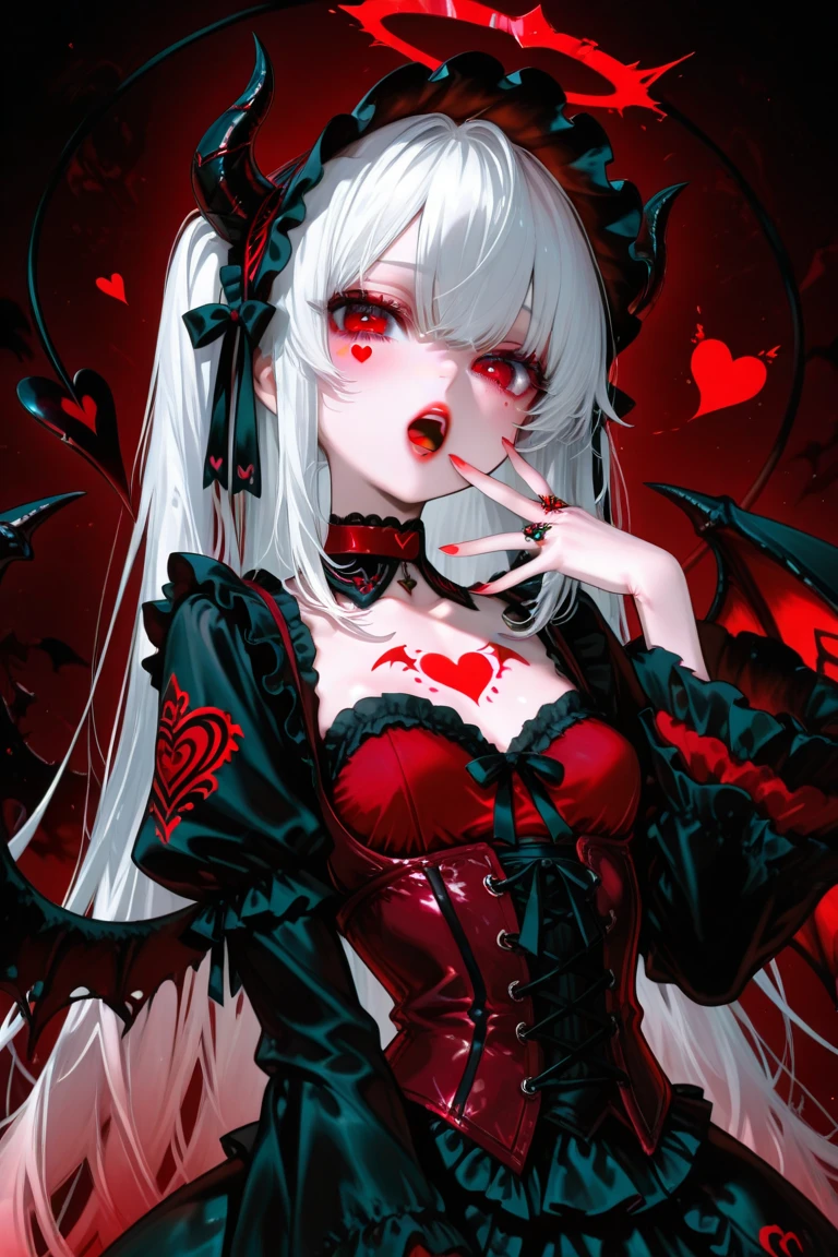 His chest was covered in blood、Anime girl with blood dripping from her chest, gapmoe Yandere grimdark, Devil anime girl, Shatia Bradfren, Bad guy anime 8k, Yandere intricate, portrait gapmoe Yandere grimdark, Vampire Girl, bloody + Concept Art, Yandere, Anime style 4k, Open mouth and bite，Blood at the corner of mouth，Small tiger teeth，Devil Wings， Gothic girl anime long skirt，Red Moon，castle
