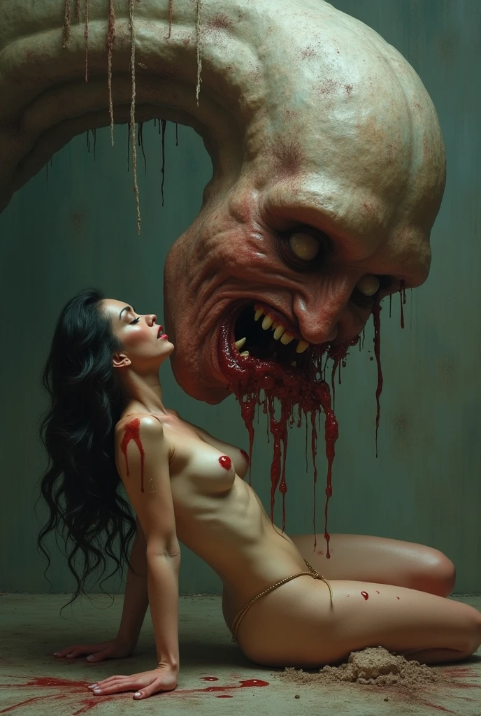 Undead sinner on her knees sucks demon's cock, forced oral sex, (mouth rape:1.3), Sexual violence, hand on her head, holds her by the hair, (traces of beatings on her body:1.2), torn clothes, Sexual slavery, hellish torment