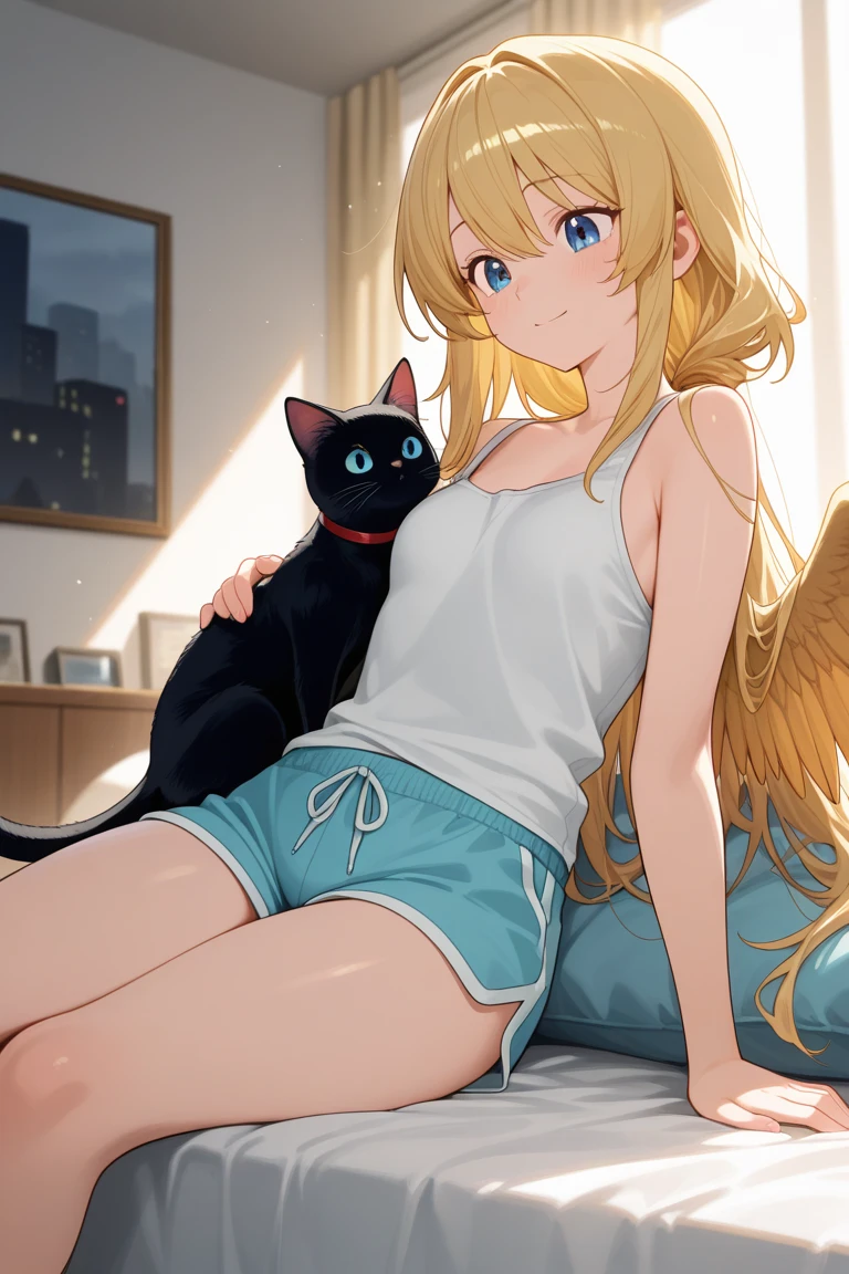 masterpiece, top-quality, NSFW, 1girl, platinum-blonde-hair, shorth hair, Blue eyes, small perky breasts,natta, s Pajamas, Surprised face, On the bed、oversleeping、Diagram of waking up、black cat